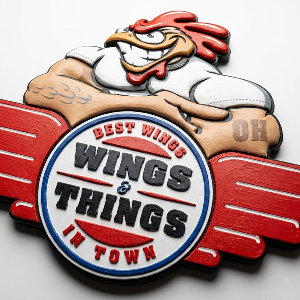 Raised restaurant logo featuring a grinning cartoon chicken, red wings, and circular text reading “Best Wings & Things in Town.”