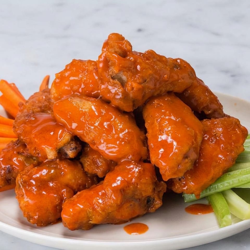 Plate of glossy buffalo chicken wings served with carrot and celery sticks.