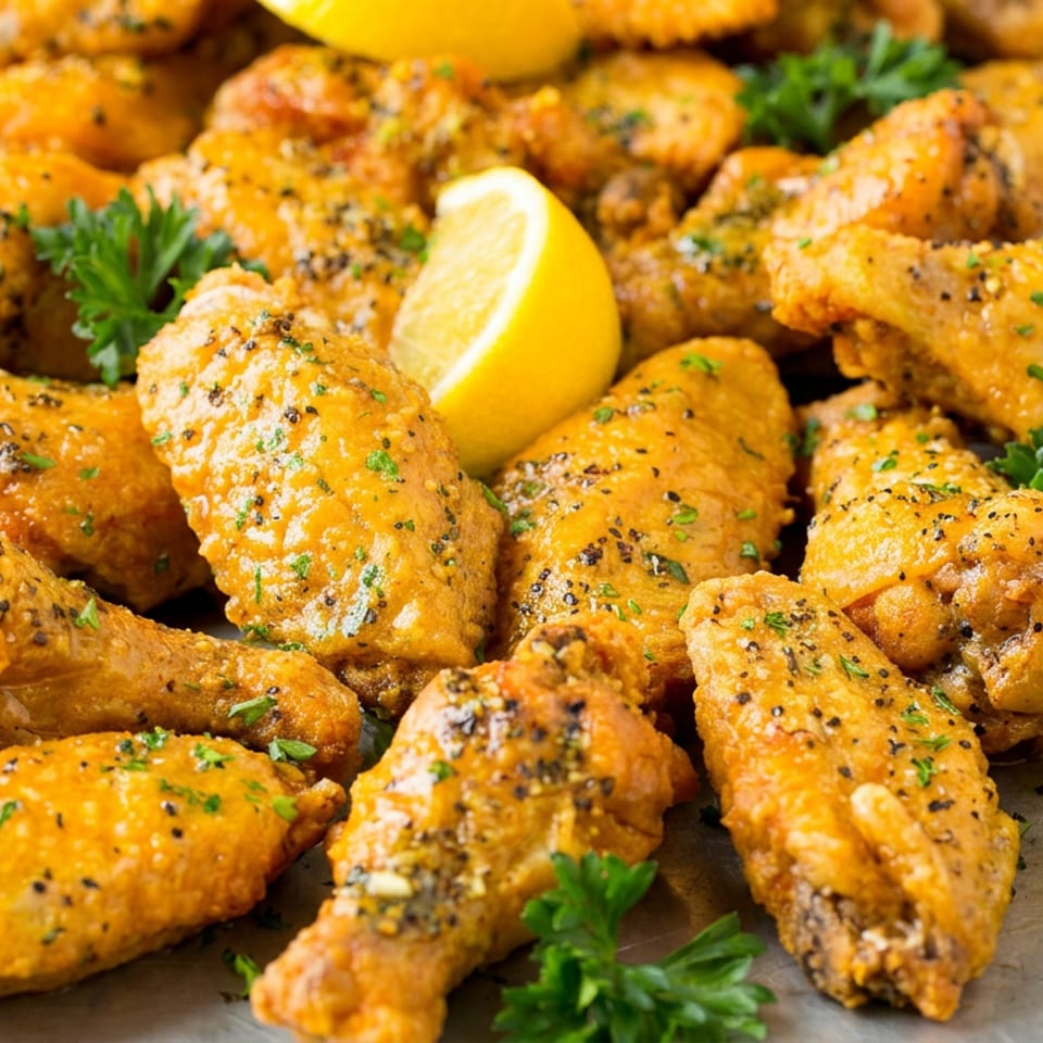 Crispy seasoned chicken wings garnished with parsley and lemon wedges on a metal serving tray.
