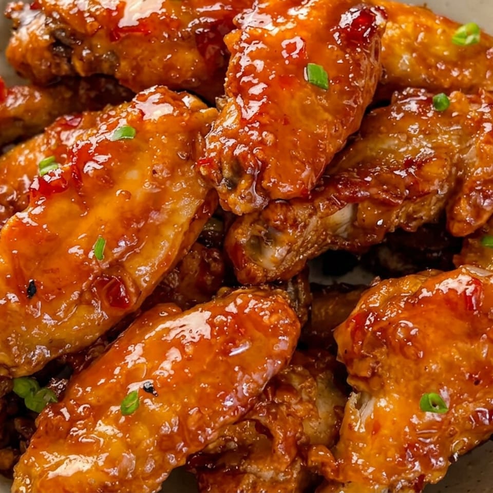 Glazed chicken wings topped with chopped green onions, piled in a speckled ceramic bowl.