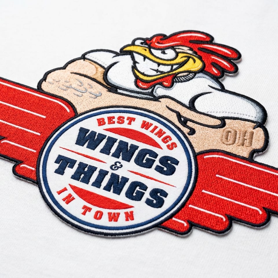 Embroidered logo featuring a cheerful chicken chef behind a winged emblem reading “Best Wings & Things in Town.”