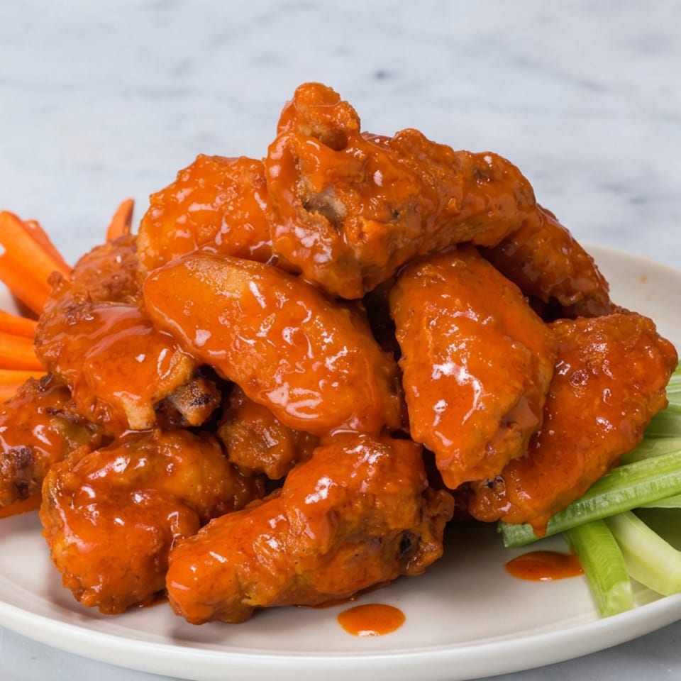 Plate of saucy buffalo chicken wings garnished with carrot and celery sticks on a marble tabletop.