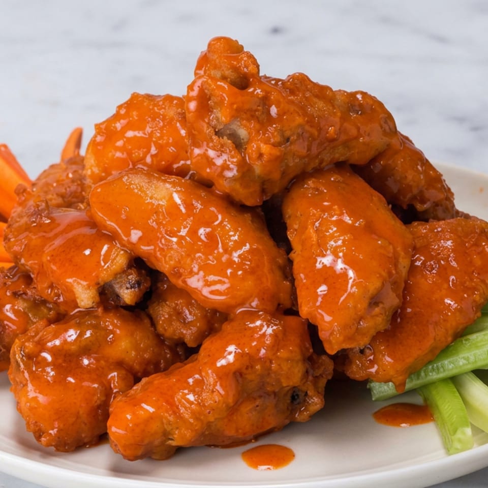 Pile of glossy buffalo chicken wings served with carrot and celery sticks on a white plate.