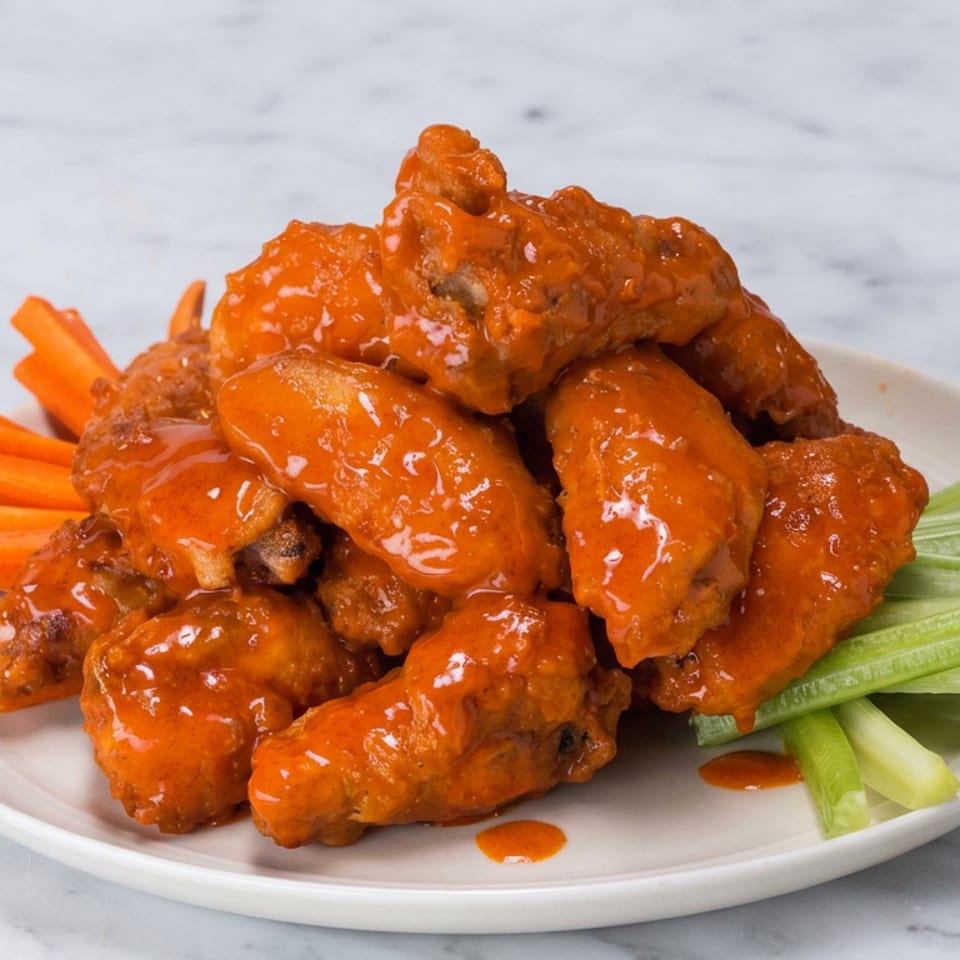 Plate of glossy buffalo chicken wings served with carrot and celery sticks.