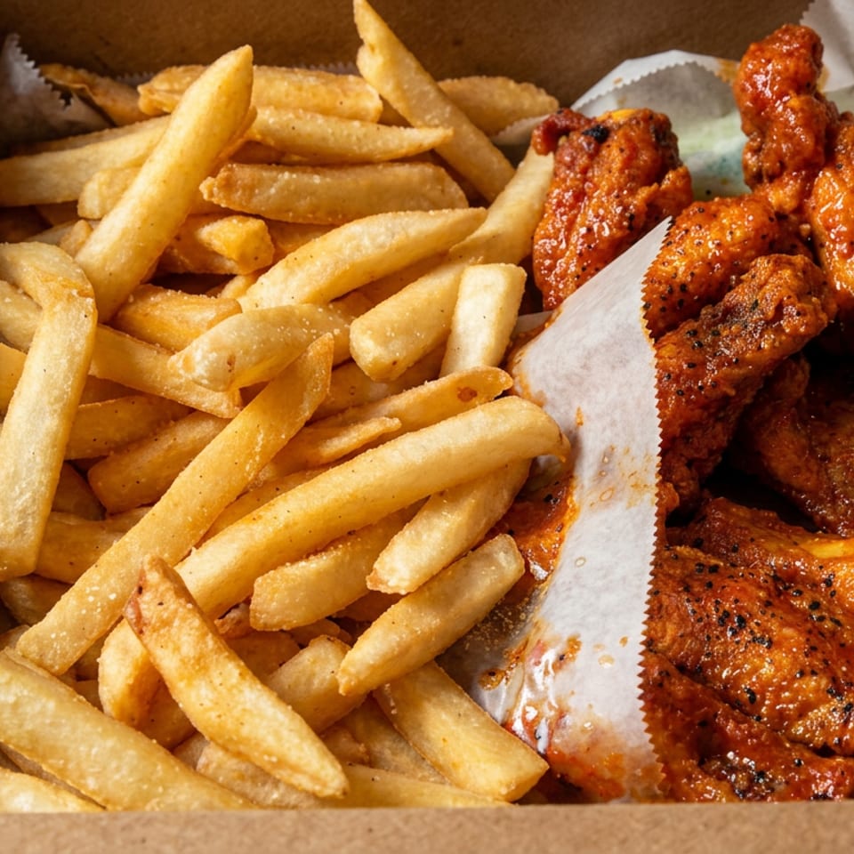 Open cardboard box filled with seasoned French fries and spicy glazed chicken wings.