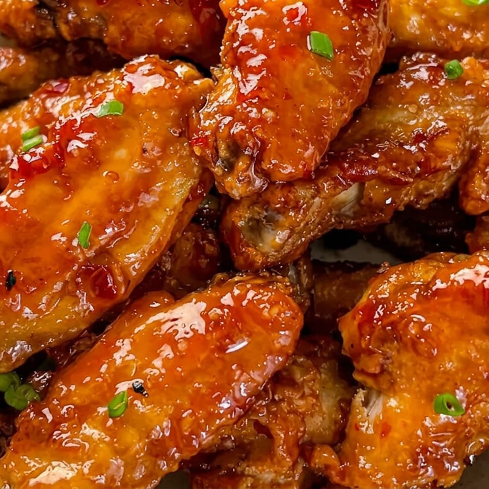 Glazed chicken wings piled on a plate, coated in glossy orange sauce and garnished with chopped green onions.