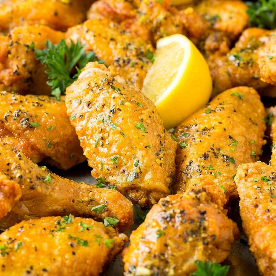Crispy seasoned chicken wings garnished with parsley and lemon wedges on a serving platter.