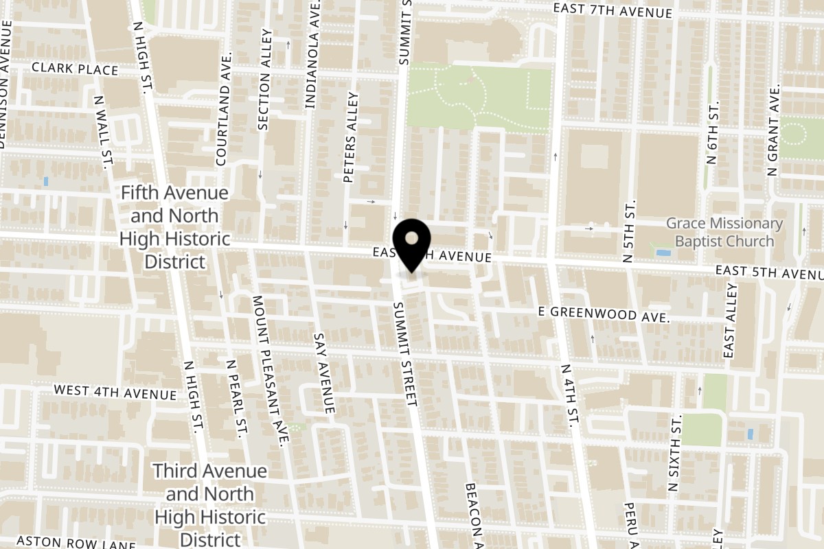 Map showing the location of Wings & Things on 127 E 5th Ave in Columbus